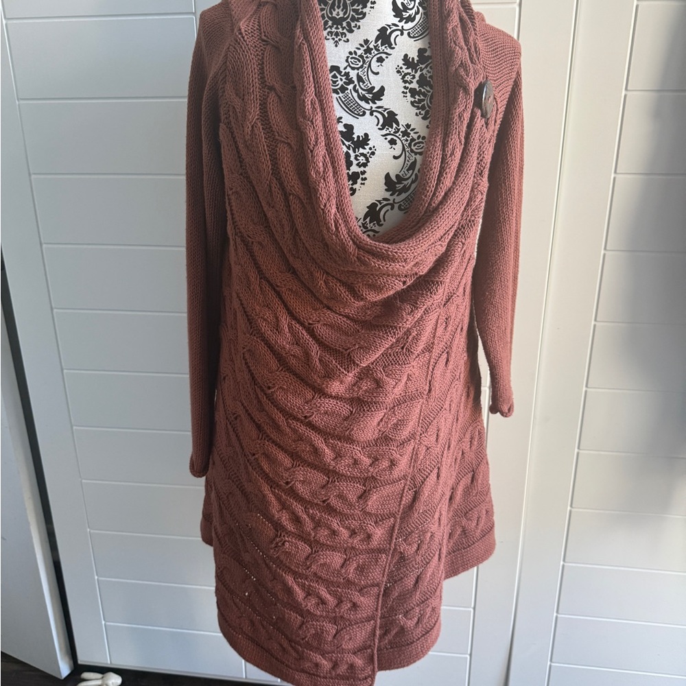 PURE Handknit Cable Knit Cowl Neck Wrap 100 % Cotton crossover Sweater chestnut